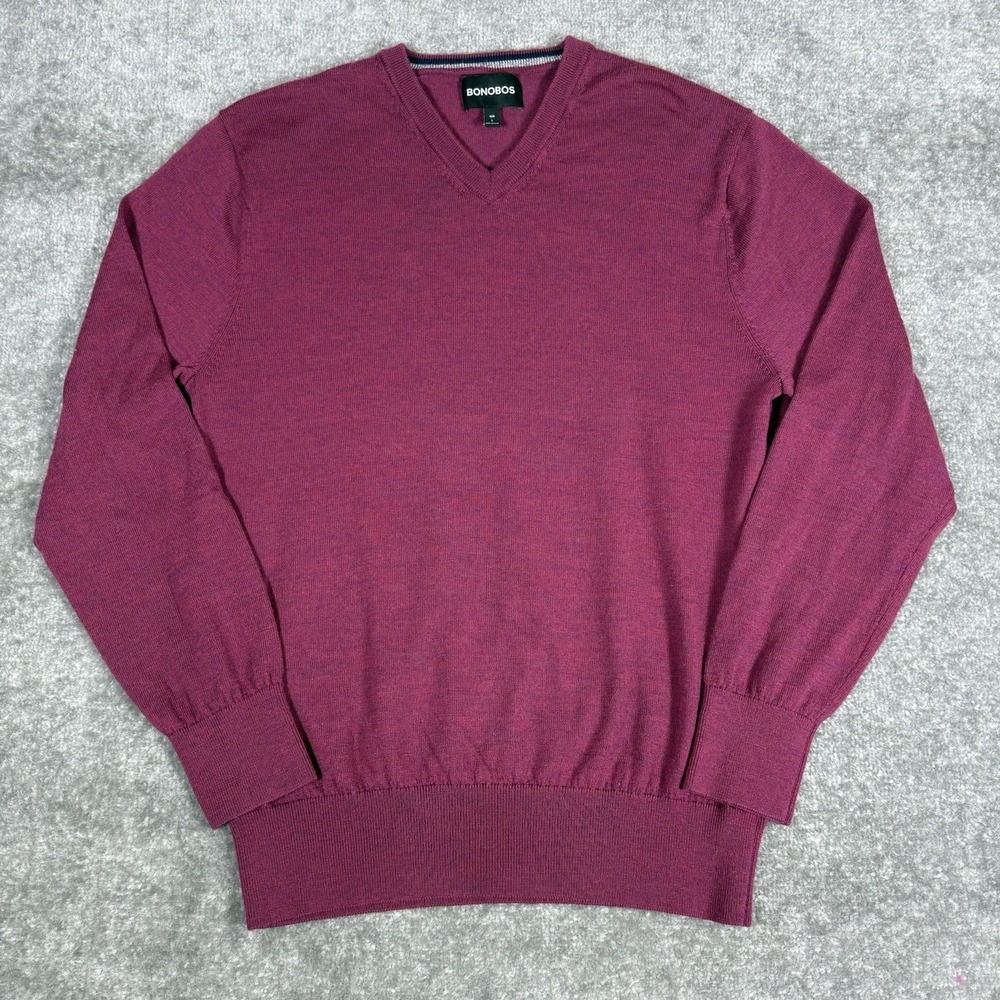 Bonobos Sweater Men's Large Red Slim Fit V-Neck Merino Wool Pullover Long Sleeve